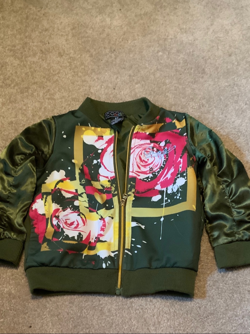 Kids Olive Green Floral Bomber Jacket